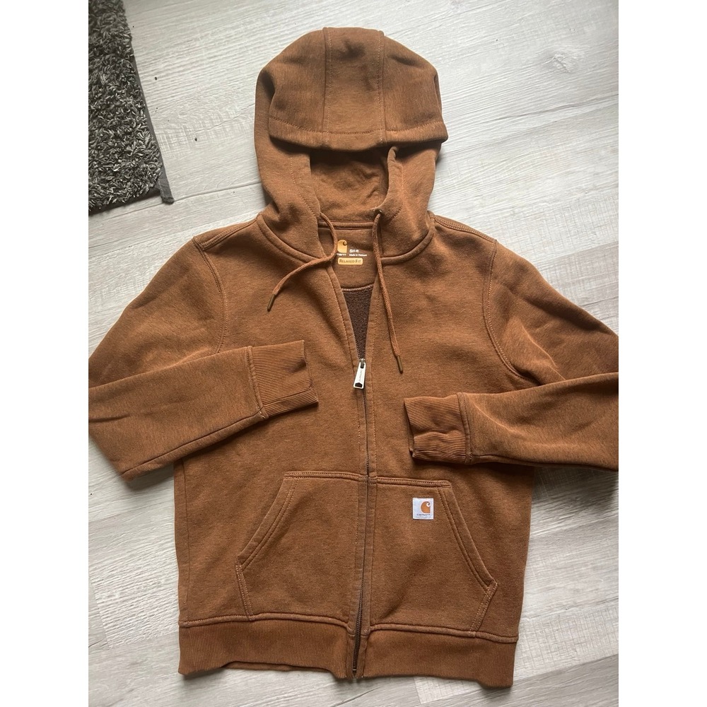 WOMEN'S small CARHARTT RELAXED FIT MIDWEIGHT FULL-ZIP SWEATSHIRT‎ cognac